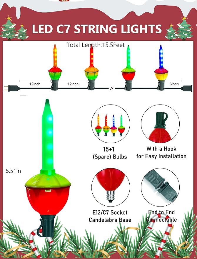 Christmas Multicolor Bubble Lights, 15.5Ft Christmas Decorations Lights with 16 Colored LED Bubble Light Bulbs, Vintage Hanging String Lights for Christmas Tree Patio Home Decor, C7/E12 Base, 0.6W