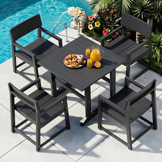 Shintenchi 5 Pieces Outdoor Dining Set,HDPE Outdoor Table and Chairs Set for 4,All Weather Patio Furniture Sets,Modern Wooden Textured Dining Sets for Backyard,Garden,Black