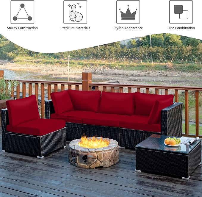 Tangkula 5 Pieces Patio Furniture Set, All Weather Wicker L-Shaped Corner Sofa Set w/Soft Cushions, Outdoor Sectional Conversation Couch Set w/Glass Table for Backyard Garden Poolside (Red)