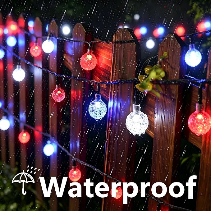 Joomer Red White Blue Solar String Lights,39FT 60LED 4th of July Decor | with 8 Lighting Modes Waterproof, Solar Powered Fairy Lights for Independence Day Yard Gazebo BBQ Patriotic Party Decorations