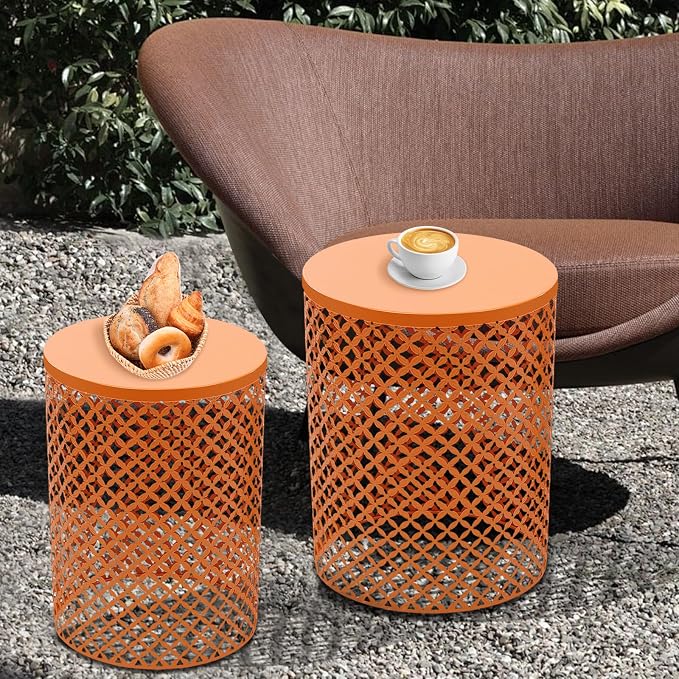 Set of 2 Outdoor Side Table, Garden Stool for Patio, Metal Accent Table Modern End Table, Patio Side Table for Garden, Balcony, Bedroom Indoor Outdoor Decorative, Terracotta Orange