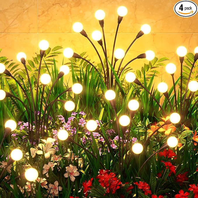 4 Pack Solar Garden Lights 32 LED, Solar Lights Outdoor Waterproof IP65, Decorative Garden Lights Solar Powered for Yard Patio Pathway Decor, Outside Fairy Firefly Lights Garden Gifts
