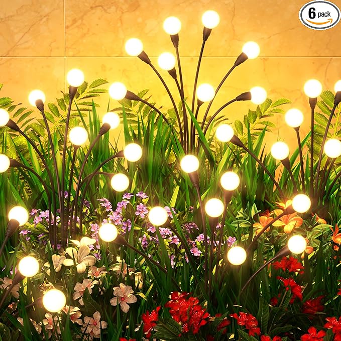 6 Pack Solar Garden Lights 48 LED, Solar Lights Outdoor Waterproof IP65, Decorative Garden Lights Solar Powered for Yard Patio Pathway Decor, Outside Fairy Firefly Lights Garden Gifts