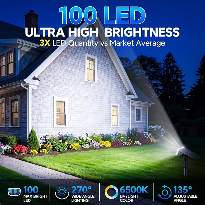 Solar Spot Lights Outdoor Waterproof IP65, 100 LED Solar Lights Outdoor | Super Bright Solar Spotlights 6500K&2 Lighting Modes , 2-in-1 Ground Spike & Wall Mount Solar Landscape Spotlights for Yard