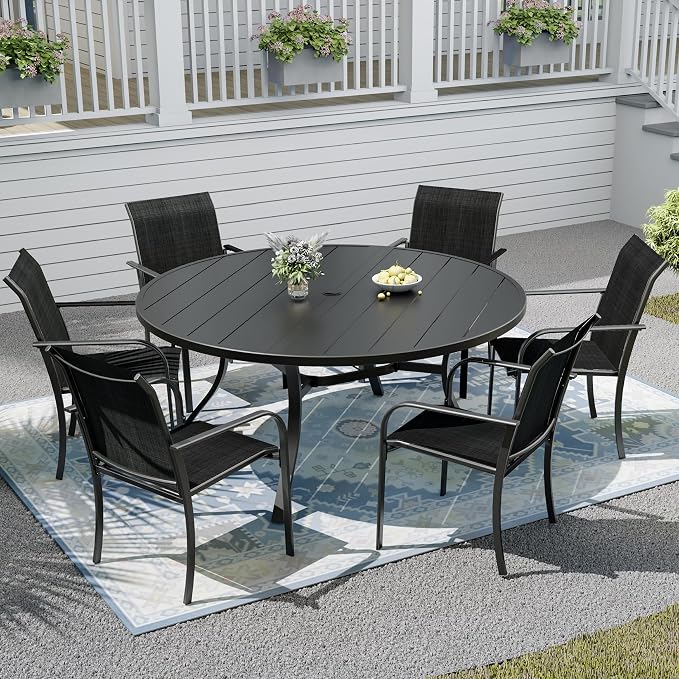 Patio Table and Chairs Set for 6 Person,54" Round Steel Slat Outdoor Table with 6PCS Breathable Textilene Stackable Chairs for Deck/Backyard/Poolside/Garden