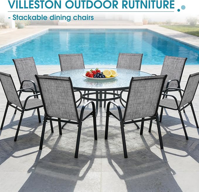 24.4" Wide Outdoor Stackable Chairs Set of 8, Stacking Patio Chairs with Textilene Fabric, Outside Furniture for Garden Backyard Balconie Poolside Deck, Grey