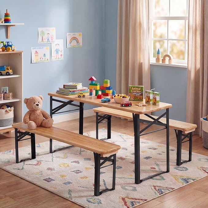 Costzon Kids Picnic Table, 43.5 Inch Folding Picnic Table with 2 Benches, Fir Wood Top & Metal Frame, No Assembly 3-Piece Portable Kids Indoor/Outdoor Furniture for Patio Backyard Daycare (Black)