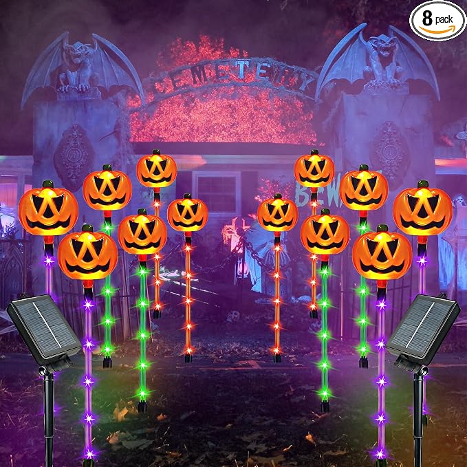 SANJICHA 6 Pack Solar Pumpkin Lights for Halloween Decorations Outdoor, Waterproof Pathway Lights with 8 Modes, Orange, Purple and Green