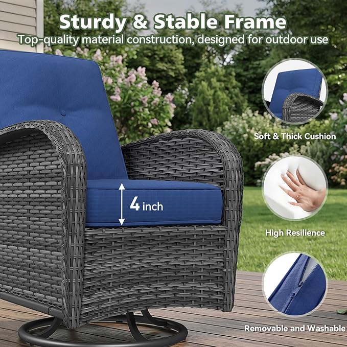 Aoxun 13 Piece Outdoor Patio Furniture Set with 44'' Fire Pit Table, Wicker Rattan Outdoor Furniture with High Back Swivel Rocker Chairs, Outdoor Sofa Set with Thick Cushion & Ottoman, Navy Blue