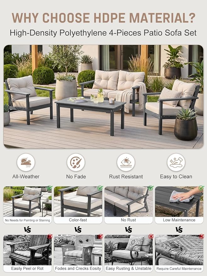 HDPE Patio Conversation Set 6 Seats, Outdoor Furniture Set, Patio Sofa Set | Water-Resistant Thick Cushion, HDPE All Weather, Wood-Grain, No Rot or Rust or Crack, UV Fade Shield, Easy-Clean for Outside
