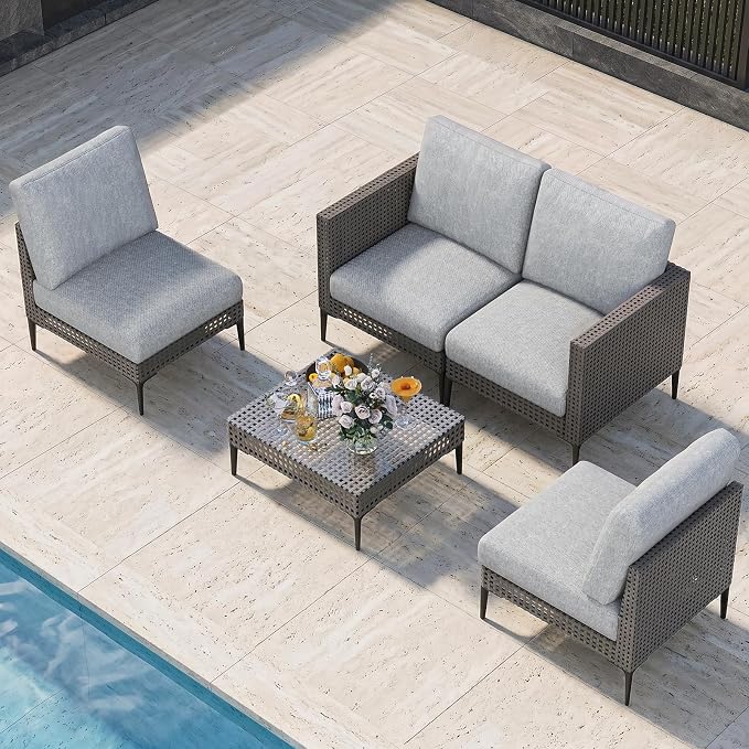 Jocoevol Outdoor Patio Sofa Conversation Set–Rattan 4 Seats Comfortable Couch for Garden, Yard, Weatherproof–Includes Glass Table, Armless Chairs, and Two-Seater Sofa
