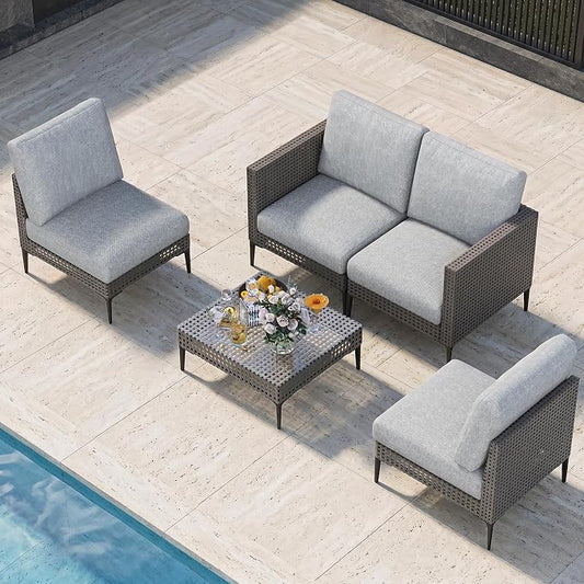 Jocoevol Outdoor Patio Sofa Conversation Set–Rattan 4 Seats Comfortable Couch for Garden, Yard, Weatherproof–Includes Glass Table, Armless Chairs, and Two-Seater Sofa