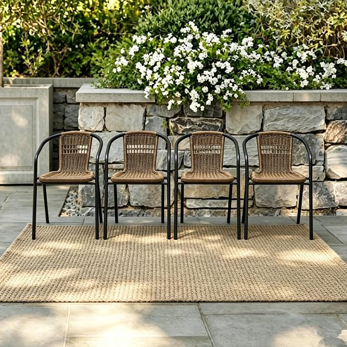8 Piece Patio Chairs Set, Stackable Outdoor Rattan Chairs, Weatherproof Wicker Patio Seating for Balcony, Porch, Lawn, Small Patio Furniture Set for Backyard, Garden, Poolside, Brown