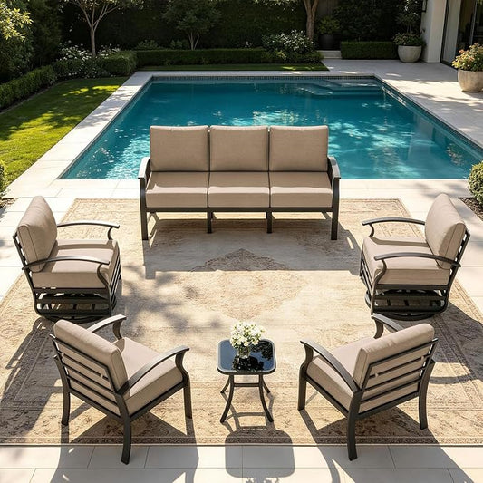 Kurapika Aluminum Patio Furniture Set 7-Seat Modern Metal Outdoor Conversation Sets w/Swivel Rocking Chairs Patio Sectional Sofa w/5.1 Inch Cushion, Sand