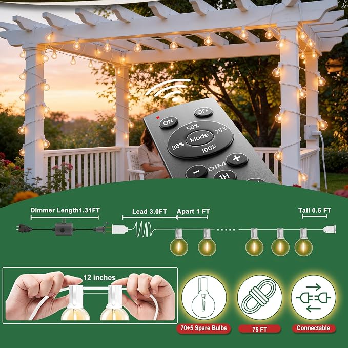 Outdoor-String-Lights with Remote 75FT Waterproof lights for Outside Patio | 1FT Bulbs Spacing,White Cord String Lights, Connectable Dimmable Patio Lights with Remote,Timer, 3 Modes for Backyard, Bistro