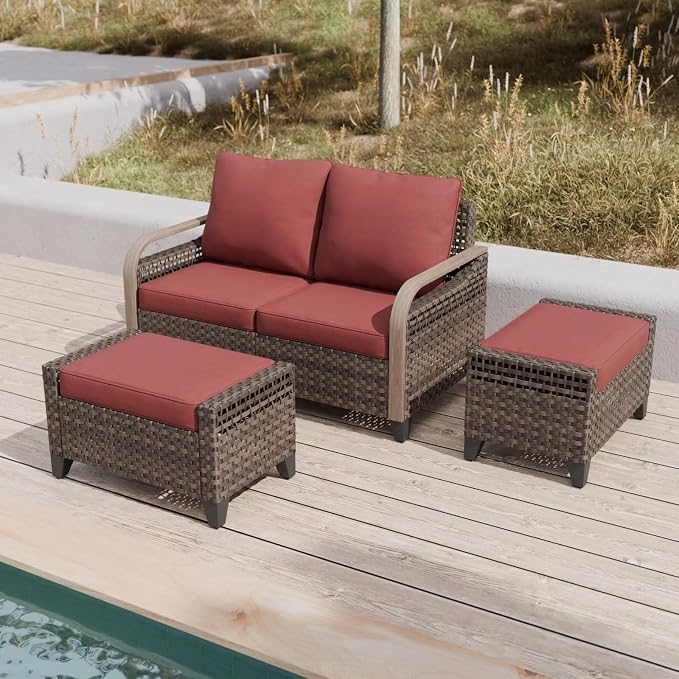 COOS BAY Modern Wicker Outdoor Furniture Set, 3 Piece Patio Conversation Set with a Loveseat and 2 Ottomans, 3 Piece, Brown/Red