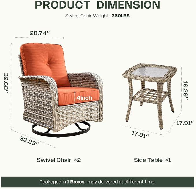 Outdoor Swivel Rocking Chair Set of 2 with Coffee Table, Wicker Patio Glider Chairs with 4 Inch Thick Cushions, 350lbs Capacity High Back Rattan Furniture Set for Sunroom and Small Spaces, Orange