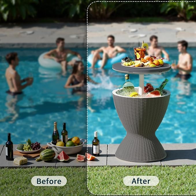 ROJIK 3-in-1 Resin Ice Bucket & Beverage Cooler – Wood Look Patio Table, UV Protection & Drain Plug for Outdoor Parties, Bars, and Poolside Use