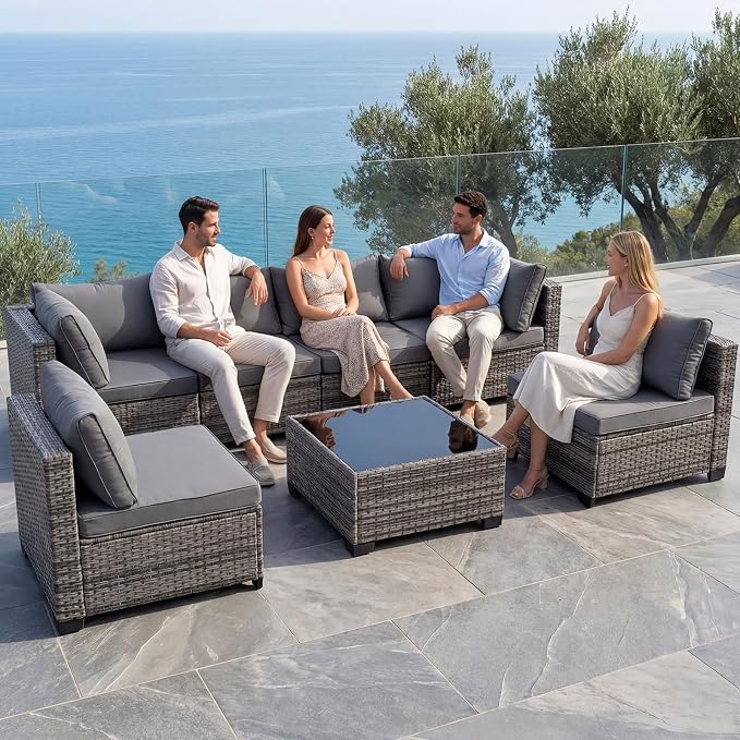 Loungewave 7 Pieces Outdoor Patio Furniture Set, Wicker Rattan Patio Conversation Set with Cushions & Coffee Table, All Weather PE Rattan Patio Sofa with Tea Table for Backyard Porch Garden (Grey)