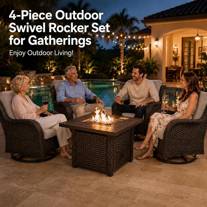 HUMMUH Outdoor Swivel Rocker Wicker Patio Chairs High Back PE Rattan Glider Chairs 4PCS Patio Furniture Set(Brown,Grey)