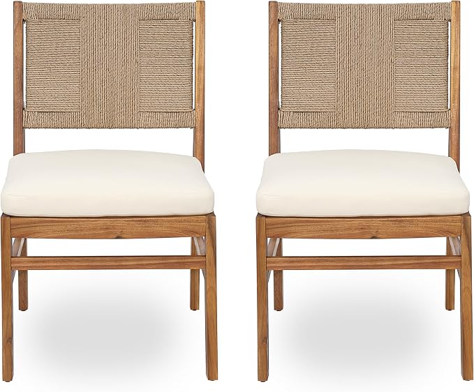 Christopher Knight Home Arly Acacia Wood Patio Dining Set for 6, Solid Wood Outdoor Dining Table Set for 6, 7 Piece Outdoor Dining Set with Rectangular Table and Wicker Backrest, Teak+Cream
