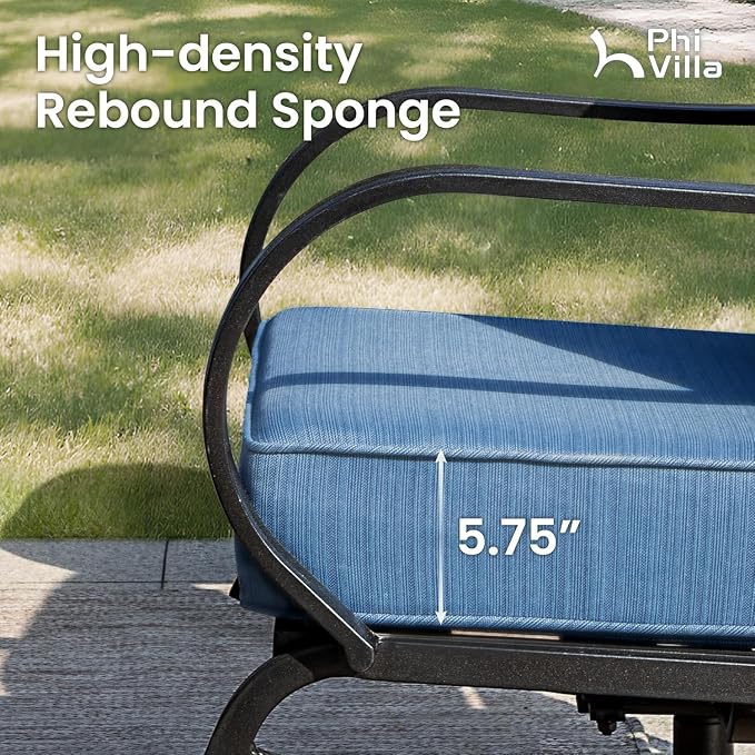 PHI VILLA 6 Pieces Patio Furniture Set with Firepit Table, 3-Seat Metal Outdoor Sofa, 2 x Swivel Sofa Chairs & 2 Ottomans, 5.75" Thick Cushioned Patio Conversation Set Backyard Furniture, Peacock Blue