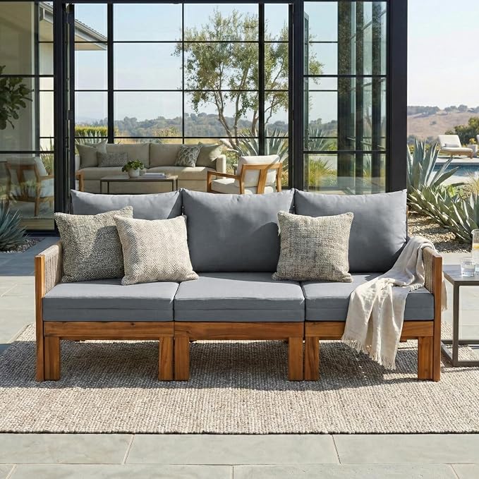 JIVOIT Outdoor Patio Daybed with Rope-Woven Armrests, Convertible Outdoor Sleeper Sofa with Acacia Wood Frame, 3 Seat Patio Sunbed for Backyard, Pool (Gray/85)