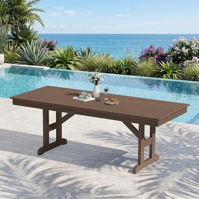 KINGYES Outdoor Dining Table,84 inch HDPE Rectangular Patio Table with Umbrella Hole，Waterproof Patio Furniture for Backyard,Brown