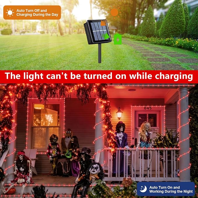 QITONG Red Solar Halloween Lights, 66ft 200 LED Solar Rope Lights Outdoor, 8 Modes Fairy Lights in Clear Thin Tube