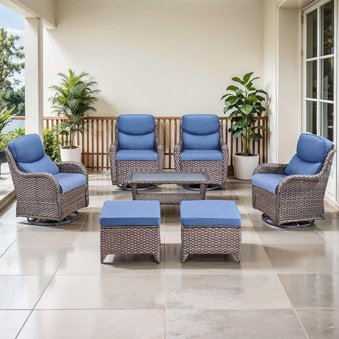 Outdoor Swivel Rocker Patio Chairs Set of 4 with Coffee Table - 5" Thick Cushion 7 Piece Furniture Set All Weather Comfortable Wicker Conversation Set for Porch Deck - Brown/Blue