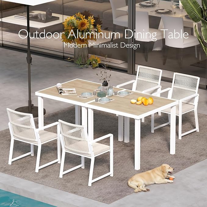 Aluminum Outdoor Anti-Corrosion Wood-Plastic Dining Table -All-Weather Exposed Square Table Waterproof and Rust-Proof Courtyard-Style Coffee Table Garden/Balcony/Poolside, White 1 Pcs