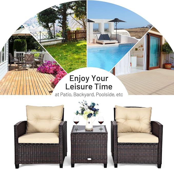 3-Piece Wicker Patio Furniture Set, Outdoor Sofa Set with Water-Resistant Cushion & Tempered Glass Table, Brown