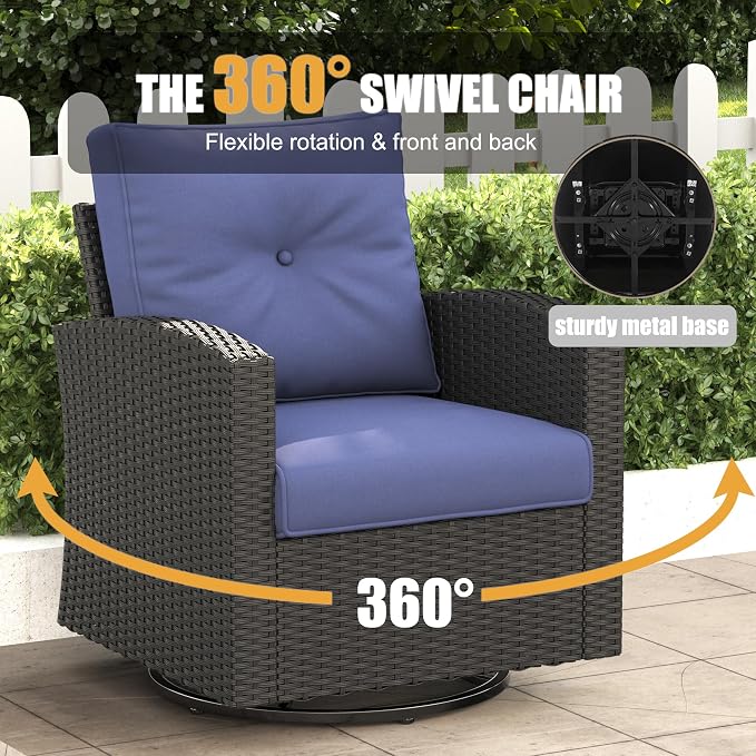 LayinSun 9 Pieces Patio Furniture Set with Fire Pit Table, Black Rattan Modular Sectional Outdoor Conversation Sofa Set, Swivel Rocking Chairs Set