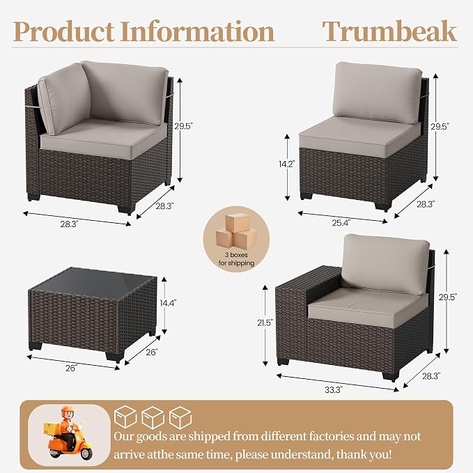 Patio Furniture Set 6 Pieces Outdoor Sectional Sofa Set,PE Rattan Wicker Patio Conversation Set with Thickened Cushions and Glass Coffee Table,Sand