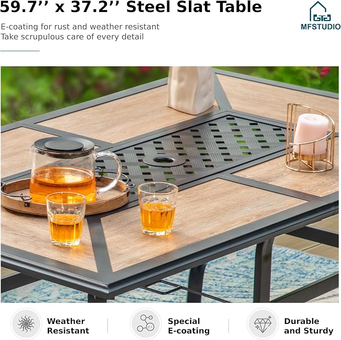 MFSTUDIO 7-Piece Patio Dining Set, 61.5" Metal Table, Cushioned Chairs | Fixed Chairs, Umbrella Hole, Seats 6, All-Weather Use
