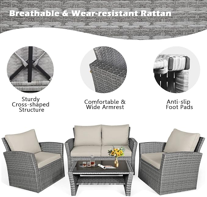 HAPPYGRILL 4 Pieces Conversation Set Outdoor Patio Rattan Furniture Set with Cushions and Coffee Table, Sectional Wicker Sofa Set for Garden Porch Balcony Poolside