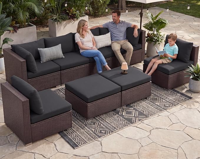 NICESOUL 8 Seater Modern Backyard Furniture Set, 29.3'' High Back Luxury Comfy Brown Wicker Patio Conversation Set with Ottoman, Deep and Wide Sofa Sectional for Exteriors, Dark Brown & Grey