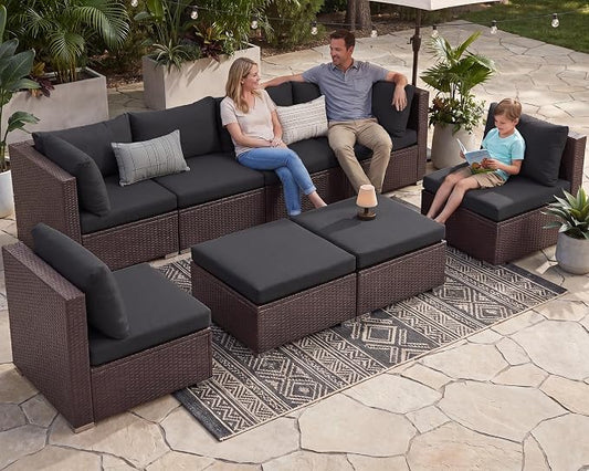 NICESOUL 8 Seater Modern Backyard Furniture Set, 29.3'' High Back Luxury Comfy Brown Wicker Patio Conversation Set with Ottoman, Deep and Wide Sofa Sectional for Exteriors, Dark Brown & Grey