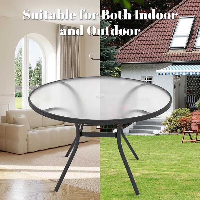 Glass Dining Table, 40" Outdoor Round Patio Table with Steel Base & 1.7" Umbrella Hole, Black Frame