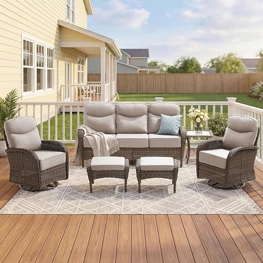Outdoor Swivel Rocking Chair Patio Set (6-Piece), High-Back - Thick Cushion Swivel Rocking Chair Patio Set, All-Weather Wicker Patio Furniture Set, Suitable for Balcony Patios, Brown/Beige