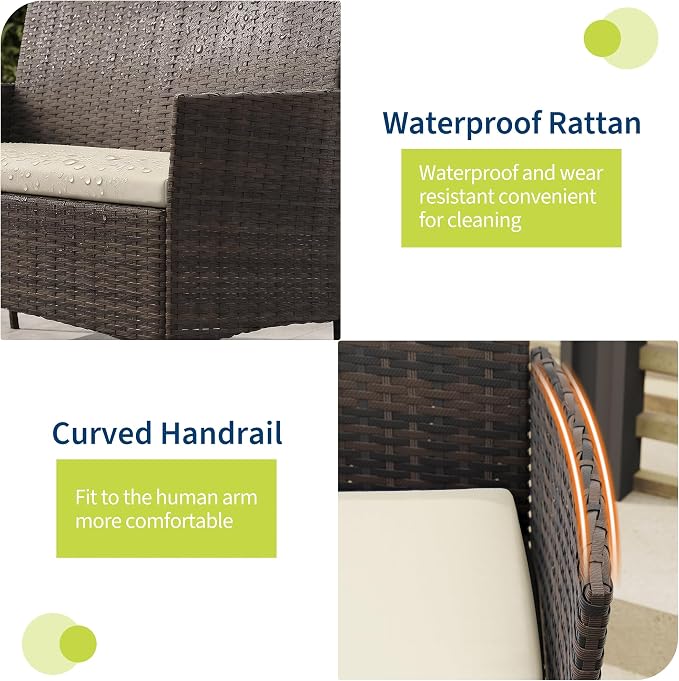 GAOMON 4-Piece Patio Furniture Set, Modern PE Rattan Conversation Set with 2 Chairs, Loveseat & Tempered Glass Coffee Table, All-Weather Outdoor Seating for Garden, Porch, Balcony, Poolside