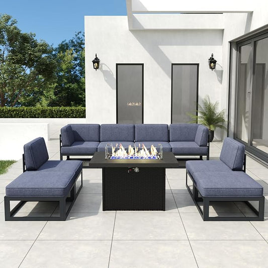 9 Pieces Aluminum Patio Furniture Set with Propane Gas 44" Fire Pit Table, Metal Outdoor Conversation Sofa Set with Seating Cushions