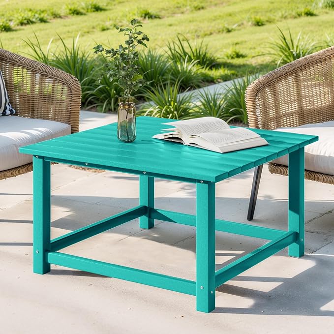 Costaelm Patio Conversation Table, Tatio Accent HDPE Outdoor Weather Resistant, Square Outdoor Porch Balcony Patio Drink Table for Outside, Pool, Backyard, Turquoise