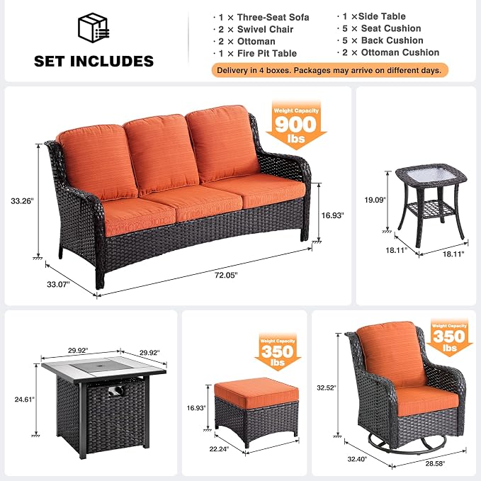 ovios 7 Pieces Patio Furniture Set with 30 inch Fire Pit Table, Outdoor Wicker Sofa Couch Swivel Rocking Glider Chairs, Modern Luxury Conversation Set, Brown Wicker, Orange Red