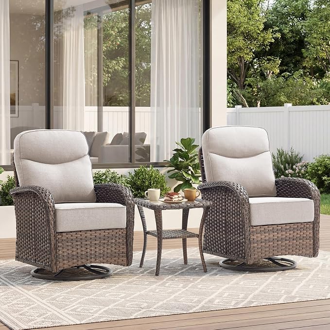 Outdoor Swivel Rocking Chair Patio Set (3-Piece), High-Back - Thick Cushion Swivel Rocking Chair Patio Set, All-Weather Wicker Patio Furniture Set, Suitable for Balcony Patios, Brown/Beige