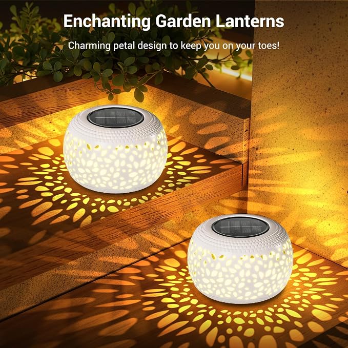 Solar Lanterns Outdoor Waterproof Lights: 2Pack White Hollow Out Metal Table Light, Outside Garden Yard Balcony Indoor Tabletop Lighting Decorations, Unique Gardening Gifts for Women Mom