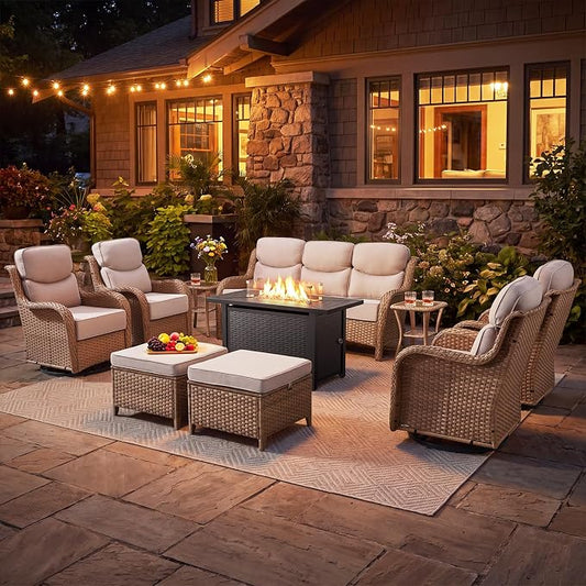 Luxury Patio Furniture Set with 42.5" Fire Pit Table, 10 Pieces High Back All Weather Wicker Outdoor Furniture w/ 6-Inch Thick Cushions, Patio Swivel Chairs Couch for Deck Balcony Yellow/Beige