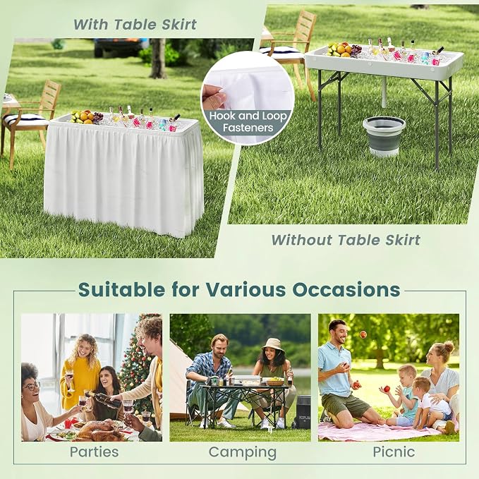 S AFSTAR Folding Ice Table, Ice Cooler with Matching Skirt, Drain Plug, Hose & Foldable Bucket, Portable Bin Table for Picnic, Tailgate Party, Wedding, Camping