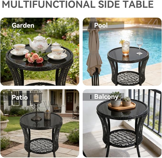 Outdoor Side Table - Patio Wicker End Table with Extra Storage Shelf, Rattan Outdoor Side Table with Round Glass Tabletop for Garden, Backyard, Porch, Black