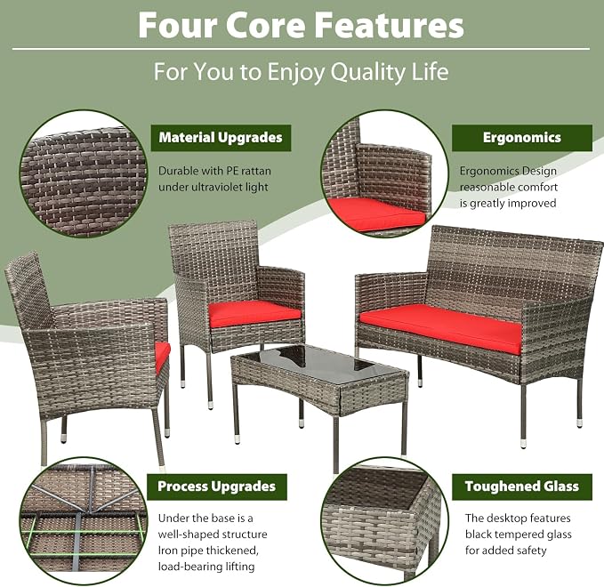PayLessHere Outdoor Furniture Set 4 Pcs Modular Patio Furniture Set Water Resistant Conversation Set with 3 Rattan Chairs 1 Tempered Glass Topped Table for Patio Poolside, Gray Wicker/Red Cushions